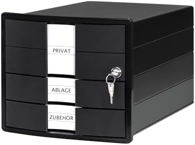 HAN Impuls 2.0 Drawer Box Lockable with 3 Closed Drawers for DIN A4/C4 Including Labelling Labels, Document Box, Base with Pull-Out Lock, Furniture-Friendly Rubber Feet, 1018-13, Black