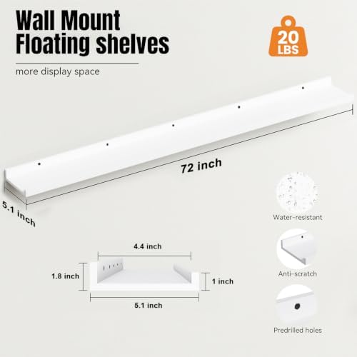 72inch Long Floating Shelves for Wall Decor, 3-Set Shelves with Lip, White