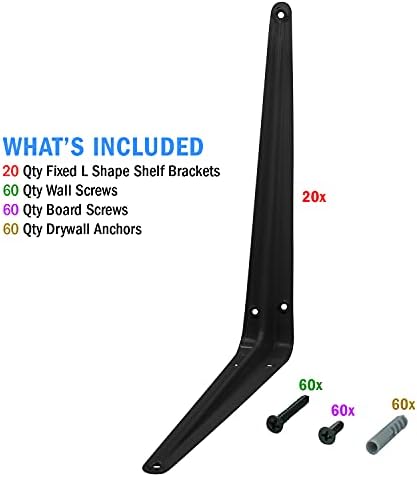 Nuk3y L Shape Heavy Duty Shelf Bracket with Screws, 20 Pack (10"" x 12"", Black)