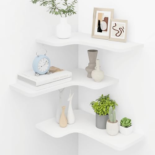 Homode Corner Floating Shelves, Set of 3 Corner Wall Shelves with Wire Hole, L-Shaped Wood Hanging Storage Shelf for Wal