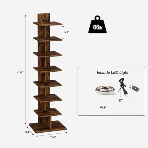 TUTOTAK Book Shelf, Narrow Spine Bookshelf, 8-Tier Bookcase with LED Lights