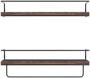 Shario Rustic Wood Floating Shelves - Set of 2, Wall Mounted Hanging Shelves with Black Towel Rack, Decorative Storage S