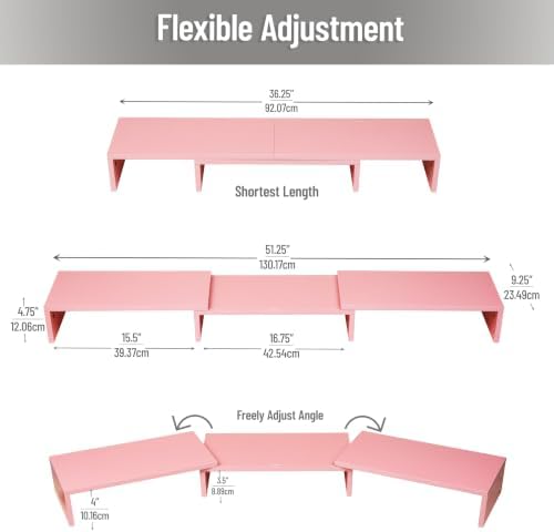 Mind Reader Dual Monitor Stand, Desktop Organizer, Laptop Riser, Office, MDF, 51.25"L x 9.25"W x 4.75"H, Pink