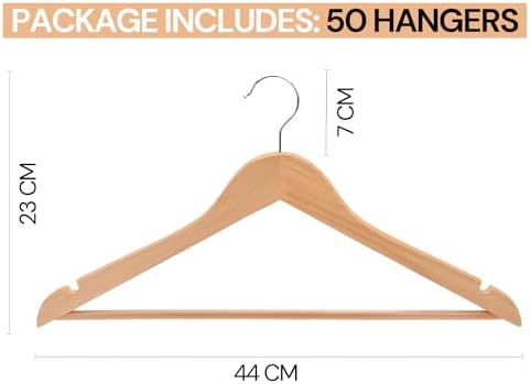 Wooden Clothes Hangers, Set of 50, Solid Wood Hangers, Non-Slip Trouser Hook, Notches in Shoulder Area, 360° Rotating Ho