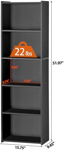 Nouva 5-Shelf Bookcase/Bookshelf - Modern Wood Book Case for Books, CDs, Movies, Bedroom & Living Room, Black