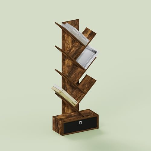 Ipoh Tree Book Shelf, 7-Tier Tree Bookcase, with Bottom Shelf & Bin Drawer, for Narrow Space, Books, CDs, Magazines, Rus
