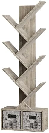 Vagusicc 6 Tier Tree Bookshelf with 2 Storage Cabinets, Tall Display Shelf Organizer for Books, Magazines, Home Decor, N