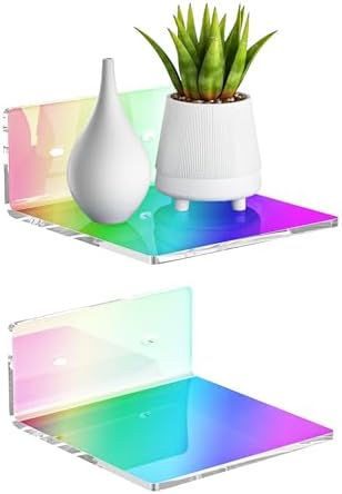 Sezanrpt 6 Inches Iridescent Acrylic Wall Shelves Set of 2, Wall Mounted Storage Display Shelves for Bedroom, Gaming Room, Living Room, Bathroom, Dining Room, Office, 2 Pack