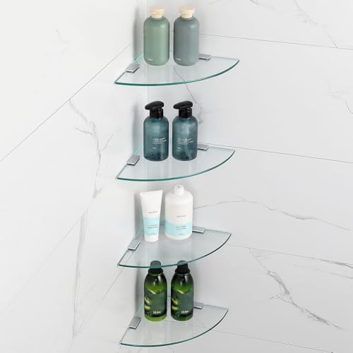 Corner Shower Shelves with Aluminium Brackets, Tempered Glass Shelf, Wall Mounted Organizer for Bathroom, Shower, Kitche