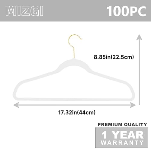 MIZGI White Velvet Hangers 100 Pack,Premium Gold Clothes Hangers Non-Slip Felt Hangers,Sturdy White Hangers Heavy Duty Coat Hangers,Durable Suit Hangers Space Saving, No Flocked Hanger Marks