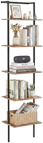 5-Tier Wall Mounted Ladder Shelf, Rustic Brown, 64.7" H