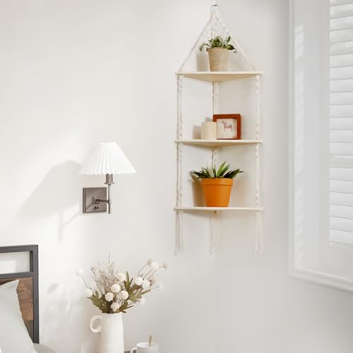 Artilady Corner Shelves Macrame Wall Hanging, 3 Tier Boho Storage