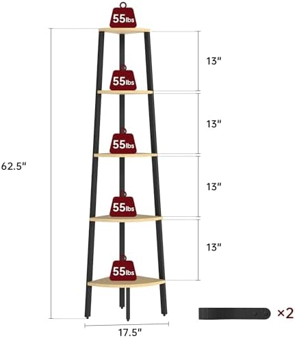 Corner Shelf, 5 Tier Ladder Corner Bookshelf, Natural Oak