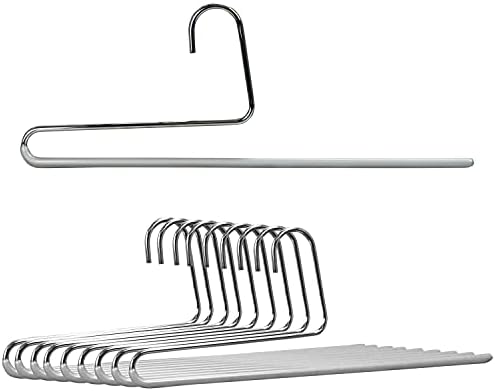 Mawa by Reston Lloyd Reverse Hook Trouser Series Non-Slip Space-Saving Clothes Hanger with Single Rod for Pants, Style KH/35U, Set of 10, Silver