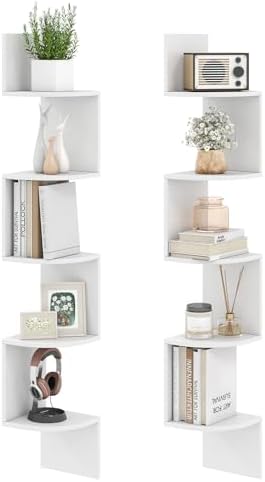 GIANTEX Corner Shelf Wall Mounted Set of 2, 5-Tier Floating Corner Bookshelf, Home Storage Organizer, Wooden Display Sta