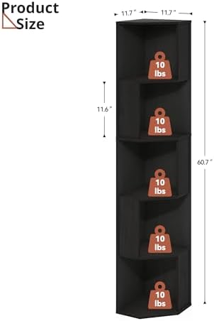 5 Tier Black Skinny Corner Display Shelf Unit, Wooden Bookshelf Corner Storage Shelves with 5 Cubes, Wood Skinny Small B