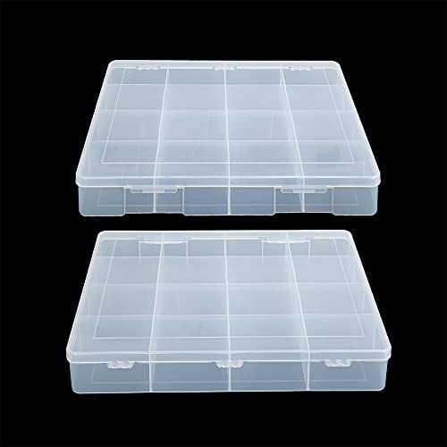 2 Pack Fixed 16 Grids Clear Plastic Large Compartment Container Case, Transparent Organizer Storage Divider Box with Lid
