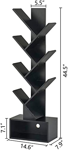 Hoctieon 6 Tier Tree Bookshelf, Tall Bookcase with Drawer, Freestanding Book Shelf, Display Floor Standing Storage Shelf
