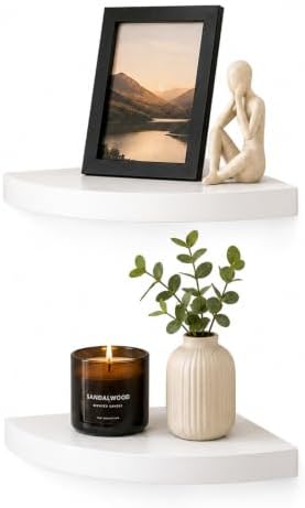 AHDECOR Wood Corner Shelves White, Durable Floating Corner Shelf for Organizing and Displaying Décor in Any Room, Set of