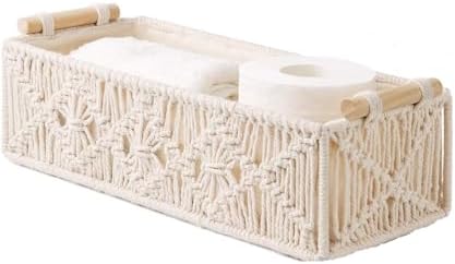 Macrame Storage Baskets Boho Decor Box for Organizing, Handmade Woven Decorative Basket for Countertop Toilet Tank Shelf