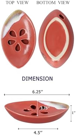 Ceramic Soap Dish with Self Draining Tray for Bathroom, Kitchen (Pastel Red), 6.25 x 3.75 x 1 inches (LxWxH) (1111)