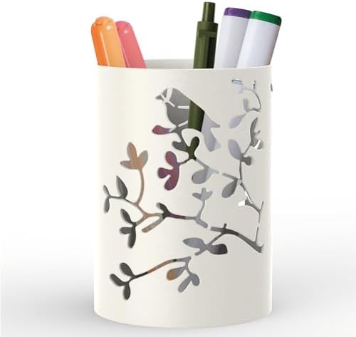Mango Steam Metal Pen Holder, Makeup Brush Cup Organizer for Office, Bathroom, Vanity (White, Bird)