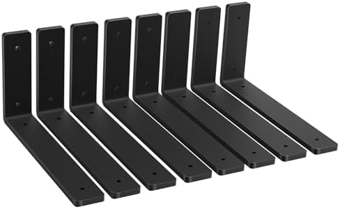 Heavy Duty Shelf Brackets, 8 Pack 6 Inch Black L Metal Shelving Brackets, 5mm Thick Rustic Shelf Support Bracket for DIY