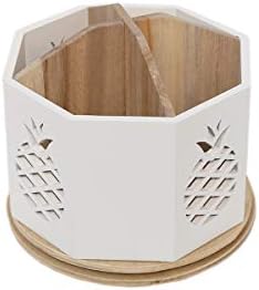 Spinning Desktop Stationary Organizer – Decorative Wooden Rotating Pen and Pencil Cup – 4 Compartment White Desk and Table Top Office Supplies Station with Pineapple Cutout - by Designstyles