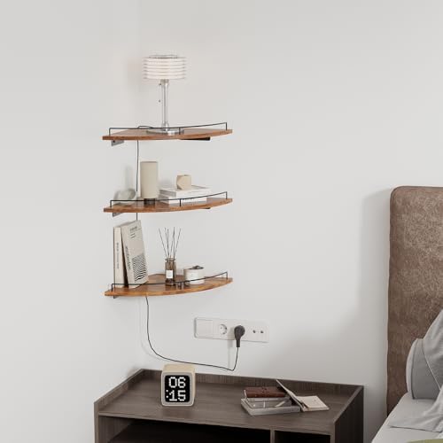 JJL Corner Shelf Wall Mounted, 12 Inches 3-Tier Floating Corner Shelf, Fan-Shaped Rustic Wood Decor with Fence, Brown St