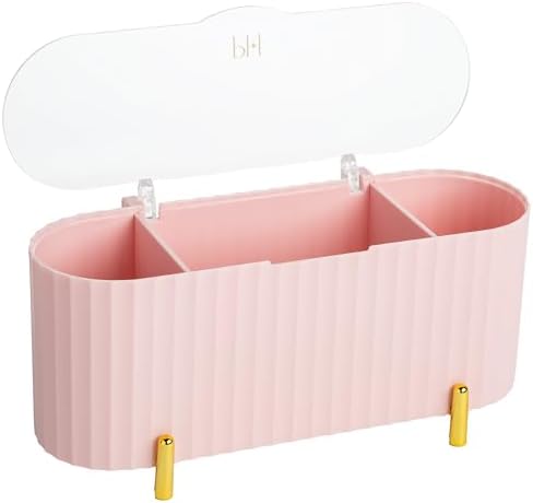 Paris Hilton Makeup & Storage Organizer with Lid, Customizable 3-Compartment Tray, Elegant Ribbed Design, Compact & Dura