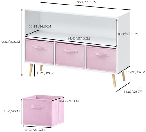 Girls Bookshelf Kids Bookcase with Collapsible Fabric Drawers, Pink Bookshelf Children's Book Display,Toy Storage Cabine