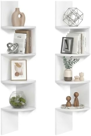VASAGLE Set of 2 Corner Shelves Wall Mount, 4-Tier Floating Bookshelves