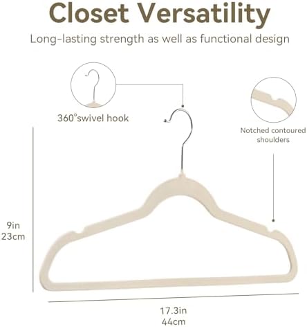 Premium Velvet Hangers 50 Pack, Non-Slip Suit Clothes Hangers, 360 Degree Swivel Hooks and Slim Profile to Maximize Closet Space Beige/Silver