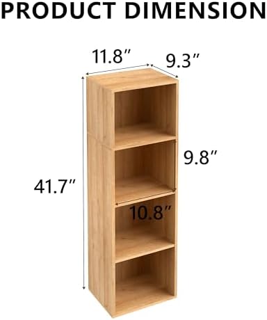 4-Tier Wooden Cube Storage Organizer, 42 Inch Tall Bookcase & Display Shelf with 4 Open Cubes, Freestanding DIY Closet S