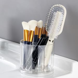 Makeup Brush Holder Organizer, Rotating Makeup Organizer for Vanity | Rotating 360° Clear Storage Cup Containers, Spinning Pen Holder for Desk, Round Make up Brush Stand with 5 Slots (Clear)