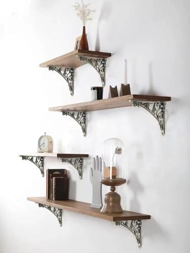 Decorative Shelf Bracket 10 inch, Brushed Antique Brass Brackets for Shelving, Heavy Duty Vintage, DIY Projects, Hardwar