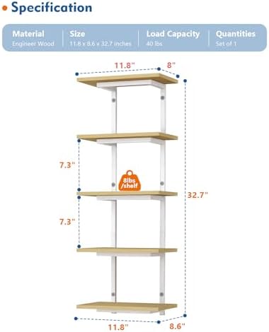 Harwaya White and Natural Tiered Wall Shelf Unit, 5 Tier Display Floating Shelves, Deep Hanging Wall Shelving Unit for L