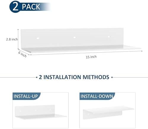 Sezanrpt 15 Inches Acrylic Wall Shelves 2 Pack, Floating Shelf for Wall Mounting, Acrylic Display Ledges for Funko Pop Figures, Home Décor, Living Room, Gaming Room, Plants(15 inch, White)