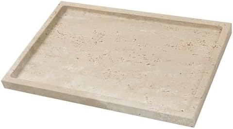 Marble Vanity Tray, 12 Inch Rectangular Travertine Tray for Bathroom Countertop Dresser, Large Marble Tray for Kitchen, 