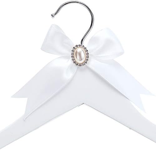 White Solid Wood Bridal Dress Hanger with Lady Wire Lettering for Bridal Wedding Party Gift (Pearl Silver Thread and Whi