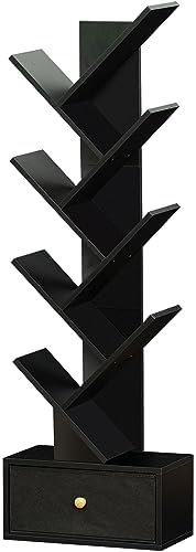 SHEEPAM 8-Tier Tree Bookshelf Floor Standing Storage Bookcase with Drawer