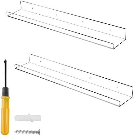 Jansburg Floating Shelves 24 inch Acrylic Wall Ledge Shelves Clear 2 Pack Invisible Display Bookshelf, 5MM Thick Premium Wall Mounted Shelf Bathroom Display Organizer