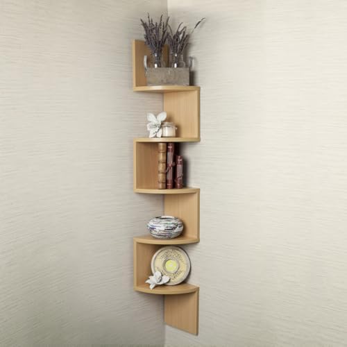 Danya B XF11035BH Large Decorative 5-Tier Corner Floating Wall Mount Display Shelving Unit - Beech Veneer