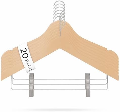 USTECH Durable Plastic Hangers 20 Pack | Slim Heavy Duty Wood-Like Design wth Adjustable Clips | Non Slip Hangers with A