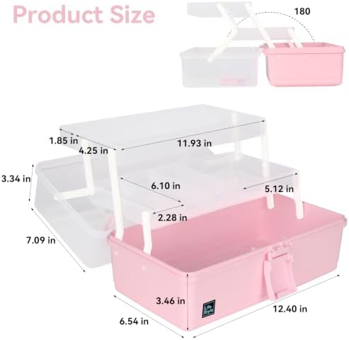 WEWLINE Hair Accessories Organizer 13-Inch Art Supply Bin Sewing Box 3-Layers Craft Storage Organizer with Handle Pink T