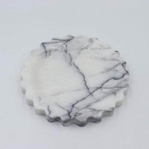 Round Marble Decorative Tray with Scalloped Edge, Luxury Natural Stone Bathroom Vanity Tray, Dresser Top Perfume Coffee 