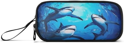 Wfrish Blue Shark Sea Pencil Case Big Capacity for Girl Boy Ocean Seawater Student Pencil bag Pen Pouch Large Stationery 3 Compartments Zippers Organizer School College Office Teens Adults