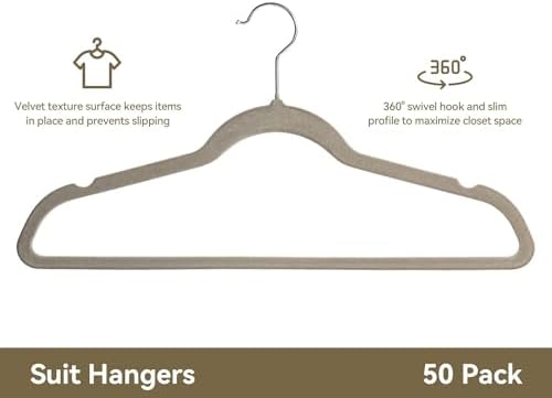 Premium Velvet Hangers 50 Pack, Non-Slip Suit Clothes Hangers, 360 Degree Swivel Hooks and Slim Profile to Maximize Closet Space Grey/Silver