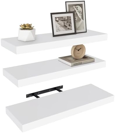 Vervida® White Floating Wall Shelves 24in Deep Set of 3 Modern 37 Lbs