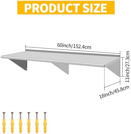 18" D x 60" W Stainless Steel Wall Mounted Shelves, Floating Shelving with Brackets, Commercial Shelf Perfect for Restau